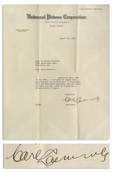 Universal Pictures Founder Carl Laemmle, Sr. Letter Signed From 1932